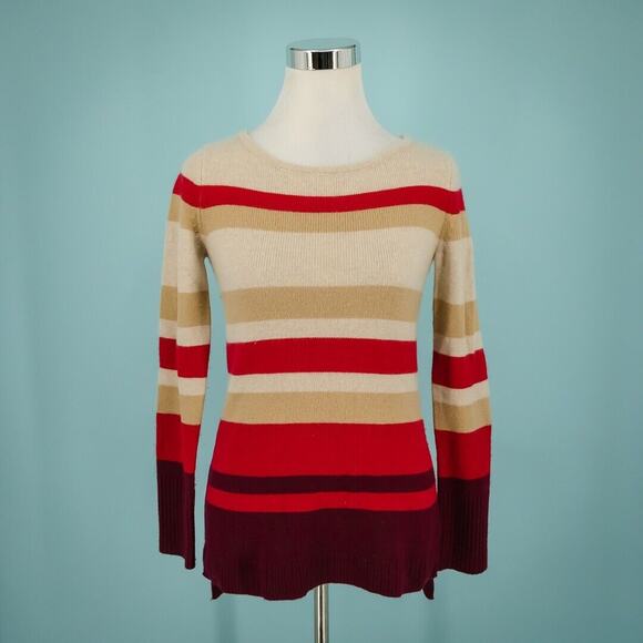 Athleta Size XXS 100% Cashmere Lodge Red Cream Ivory Stripe Crew Sweater - Picture 1 of 7